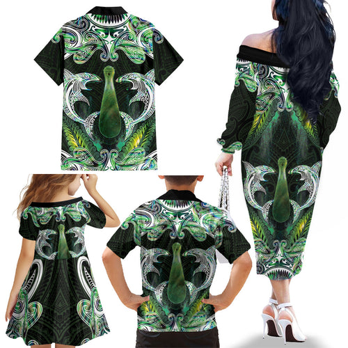 New Zealand Mere Pounamu Weapon Family Matching Off The Shoulder Long Sleeve Dress and Hawaiian Shirt Aotearoa Mango Paua Shell Maori Pattern