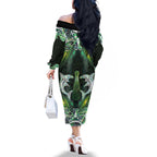 New Zealand Mere Pounamu Weapon Family Matching Off The Shoulder Long Sleeve Dress and Hawaiian Shirt Aotearoa Mango Paua Shell Maori Pattern