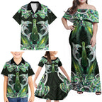 New Zealand Mere Pounamu Weapon Family Matching Off Shoulder Maxi Dress and Hawaiian Shirt Aotearoa Mango Paua Shell Maori Pattern