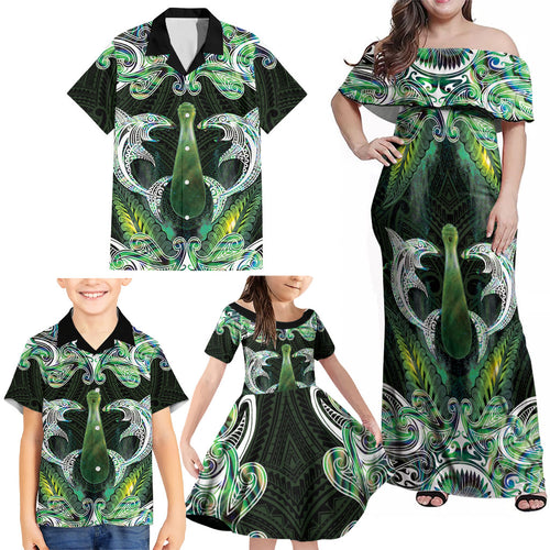 New Zealand Mere Pounamu Weapon Family Matching Off Shoulder Maxi Dress and Hawaiian Shirt Aotearoa Mango Paua Shell Maori Pattern