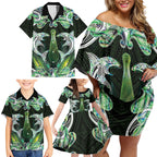New Zealand Mere Pounamu Weapon Family Matching Off Shoulder Short Dress and Hawaiian Shirt Aotearoa Mango Paua Shell Maori Pattern