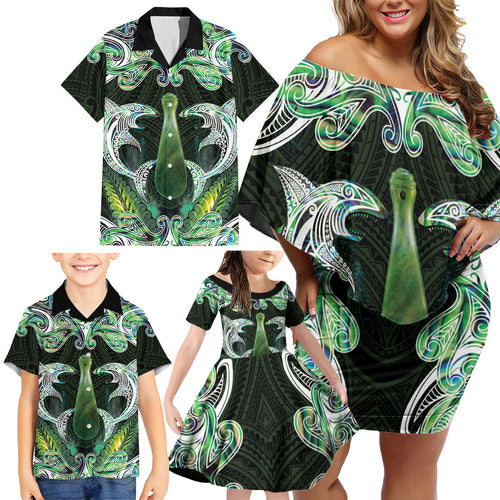 New Zealand Mere Pounamu Weapon Family Matching Off Shoulder Short Dress and Hawaiian Shirt Aotearoa Mango Paua Shell Maori Pattern