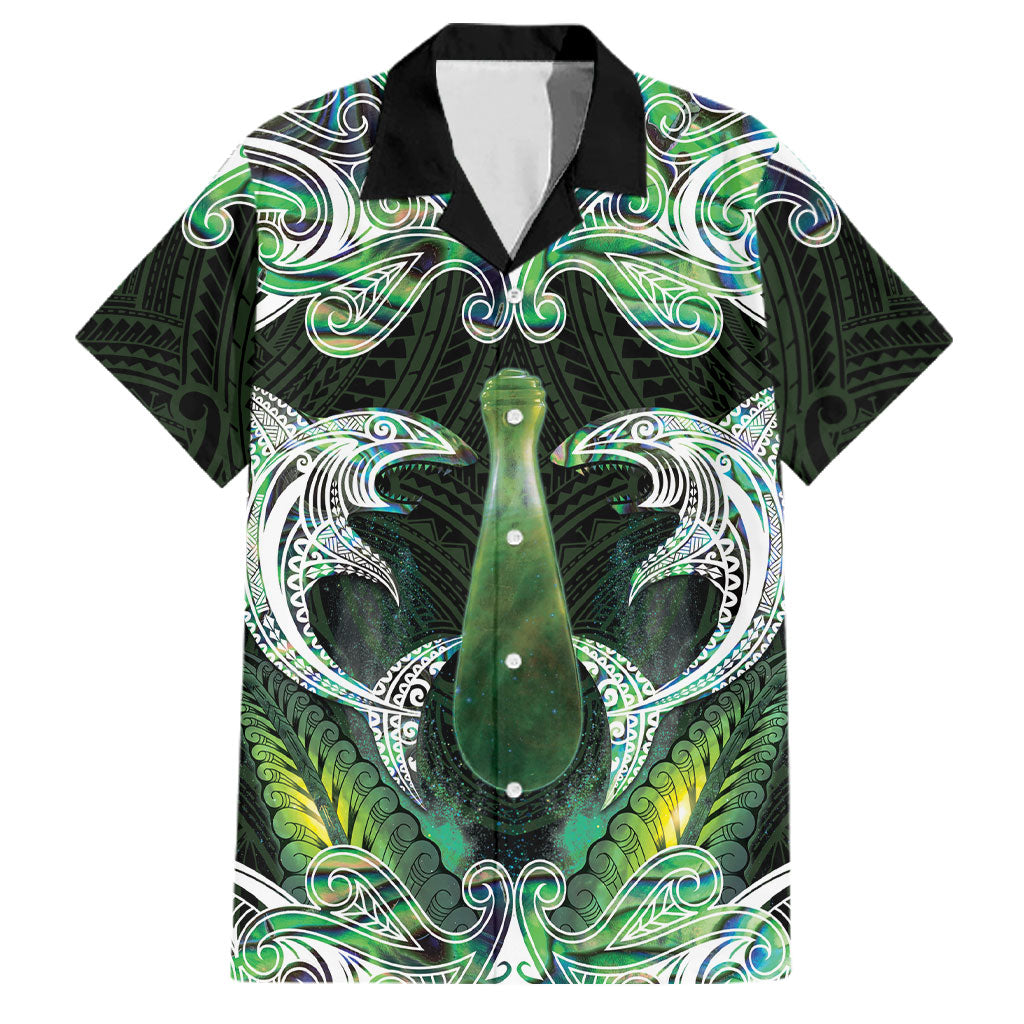 New Zealand Mere Pounamu Weapon Family Matching Off Shoulder Short Dress and Hawaiian Shirt Aotearoa Mango Paua Shell Maori Pattern