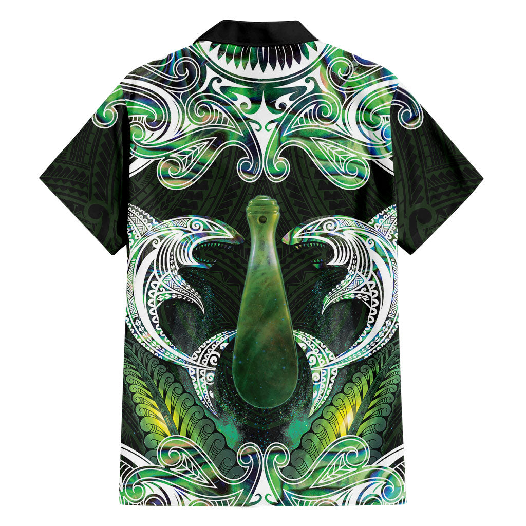 New Zealand Mere Pounamu Weapon Family Matching Off Shoulder Short Dress and Hawaiian Shirt Aotearoa Mango Paua Shell Maori Pattern