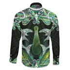 New Zealand Mere Pounamu Weapon Family Matching Off Shoulder Short Dress and Hawaiian Shirt Aotearoa Mango Paua Shell Maori Pattern