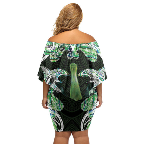 New Zealand Mere Pounamu Weapon Family Matching Off Shoulder Short Dress and Hawaiian Shirt Aotearoa Mango Paua Shell Maori Pattern
