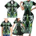 New Zealand Mere Pounamu Weapon Family Matching Short Sleeve Bodycon Dress and Hawaiian Shirt Aotearoa Mango Paua Shell Maori Pattern