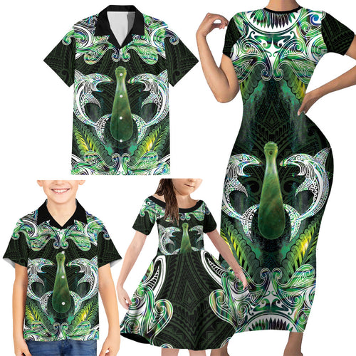 New Zealand Mere Pounamu Weapon Family Matching Short Sleeve Bodycon Dress and Hawaiian Shirt Aotearoa Mango Paua Shell Maori Pattern