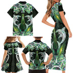 New Zealand Mere Pounamu Weapon Family Matching Short Sleeve Bodycon Dress and Hawaiian Shirt Aotearoa Mango Paua Shell Maori Pattern