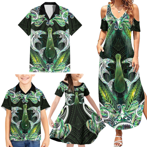 New Zealand Mere Pounamu Weapon Family Matching Summer Maxi Dress and Hawaiian Shirt Aotearoa Mango Paua Shell Maori Pattern