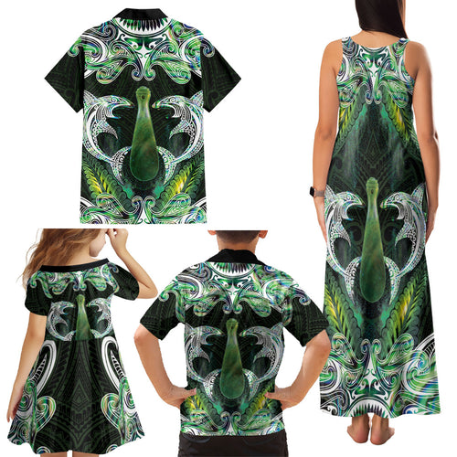 New Zealand Mere Pounamu Weapon Family Matching Tank Maxi Dress and Hawaiian Shirt Aotearoa Mango Paua Shell Maori Pattern