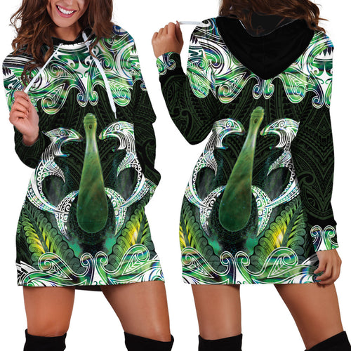 New Zealand Mere Pounamu Weapon Hoodie Dress Aotearoa Mango Paua Shell Maori Pattern
