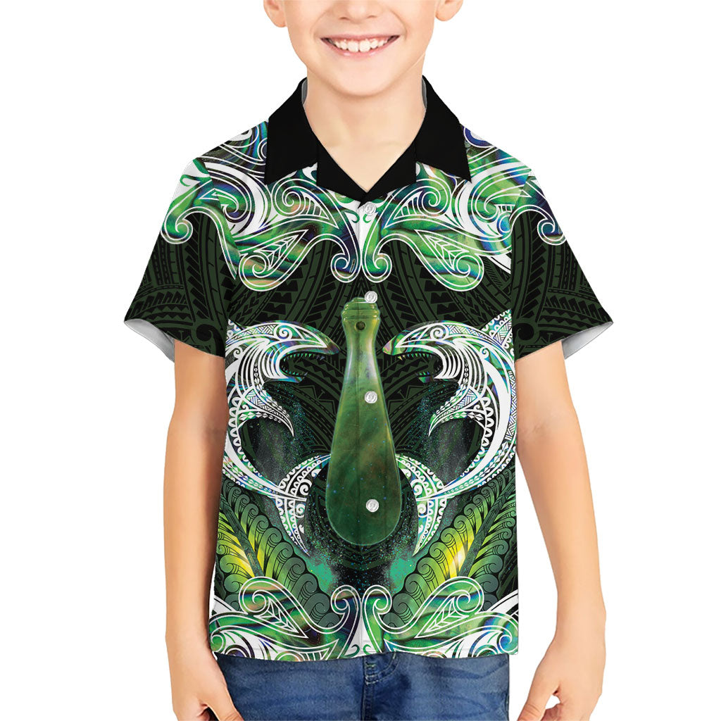 New Zealand Mere Pounamu Weapon Kid Hawaiian Shirt Aotearoa Mango Paua Shell Maori Pattern