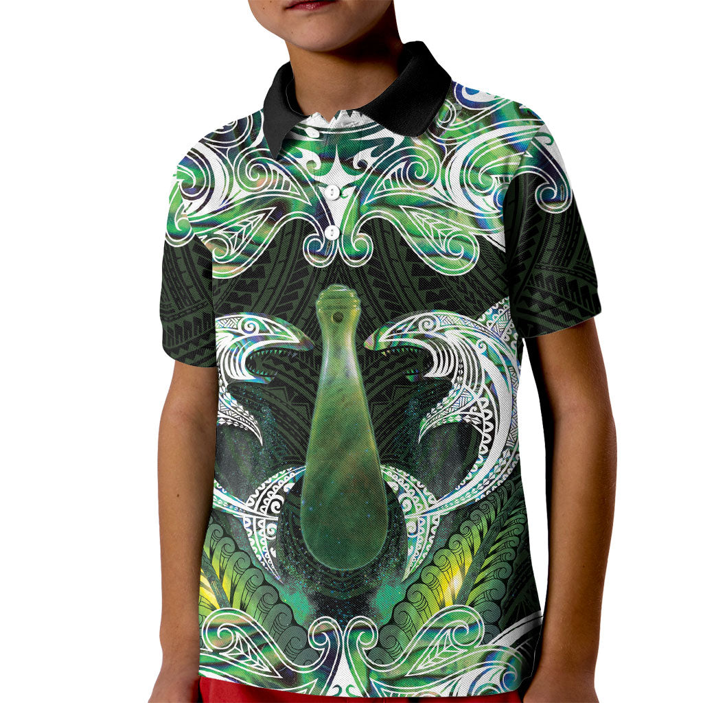 New Zealand Mere Pounamu Weapon Kid Polo Shirt Aotearoa Mango Paua Shell Maori Pattern