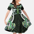 New Zealand Mere Pounamu Weapon Kid Short Sleeve Dress Aotearoa Mango Paua Shell Maori Pattern