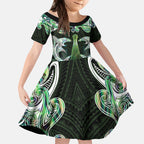New Zealand Mere Pounamu Weapon Kid Short Sleeve Dress Aotearoa Mango Paua Shell Maori Pattern