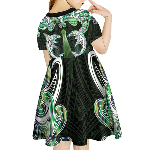New Zealand Mere Pounamu Weapon Kid Short Sleeve Dress Aotearoa Mango Paua Shell Maori Pattern