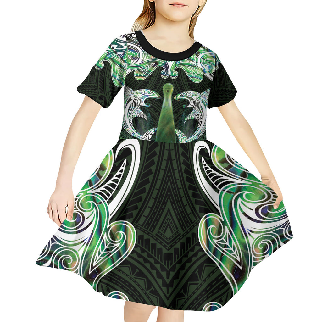 New Zealand Mere Pounamu Weapon Kid Short Sleeve Dress Aotearoa Mango Paua Shell Maori Pattern