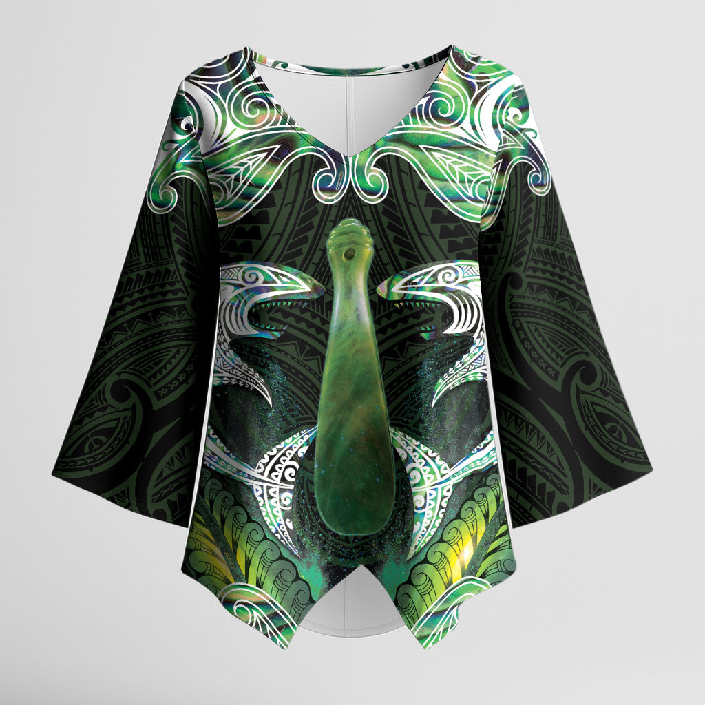 New Zealand Mere Pounamu Weapon Kimono Sleeve Blouse Aotearoa Mango Paua Shell Maori Pattern