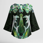 New Zealand Mere Pounamu Weapon Kimono Sleeve Blouse Aotearoa Mango Paua Shell Maori Pattern