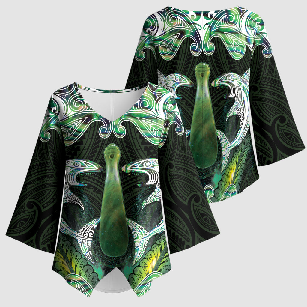 New Zealand Mere Pounamu Weapon Kimono Sleeve Blouse Aotearoa Mango Paua Shell Maori Pattern