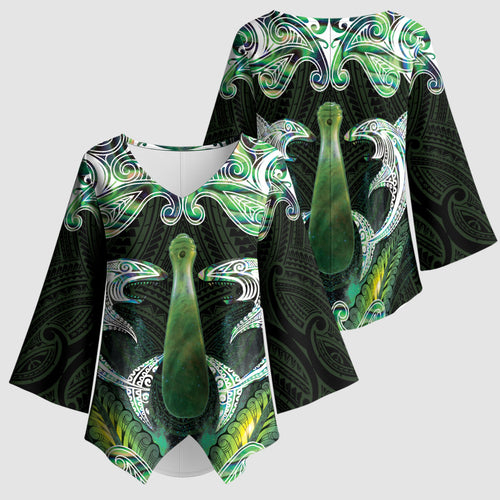 New Zealand Mere Pounamu Weapon Kimono Sleeve Blouse Aotearoa Mango Paua Shell Maori Pattern