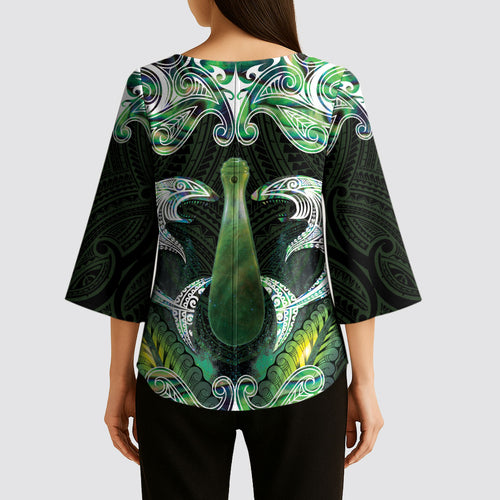 New Zealand Mere Pounamu Weapon Kimono Sleeve Blouse Aotearoa Mango Paua Shell Maori Pattern