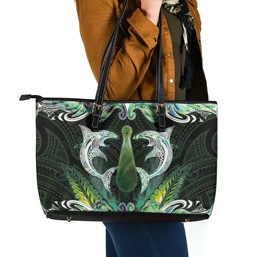 New Zealand Mere Pounamu Weapon Leather Tote Bag Aotearoa Mango Paua Shell Maori Pattern