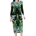 New Zealand Mere Pounamu Weapon Long Sleeve Bodycon Dress Aotearoa Mango Paua Shell Maori Pattern