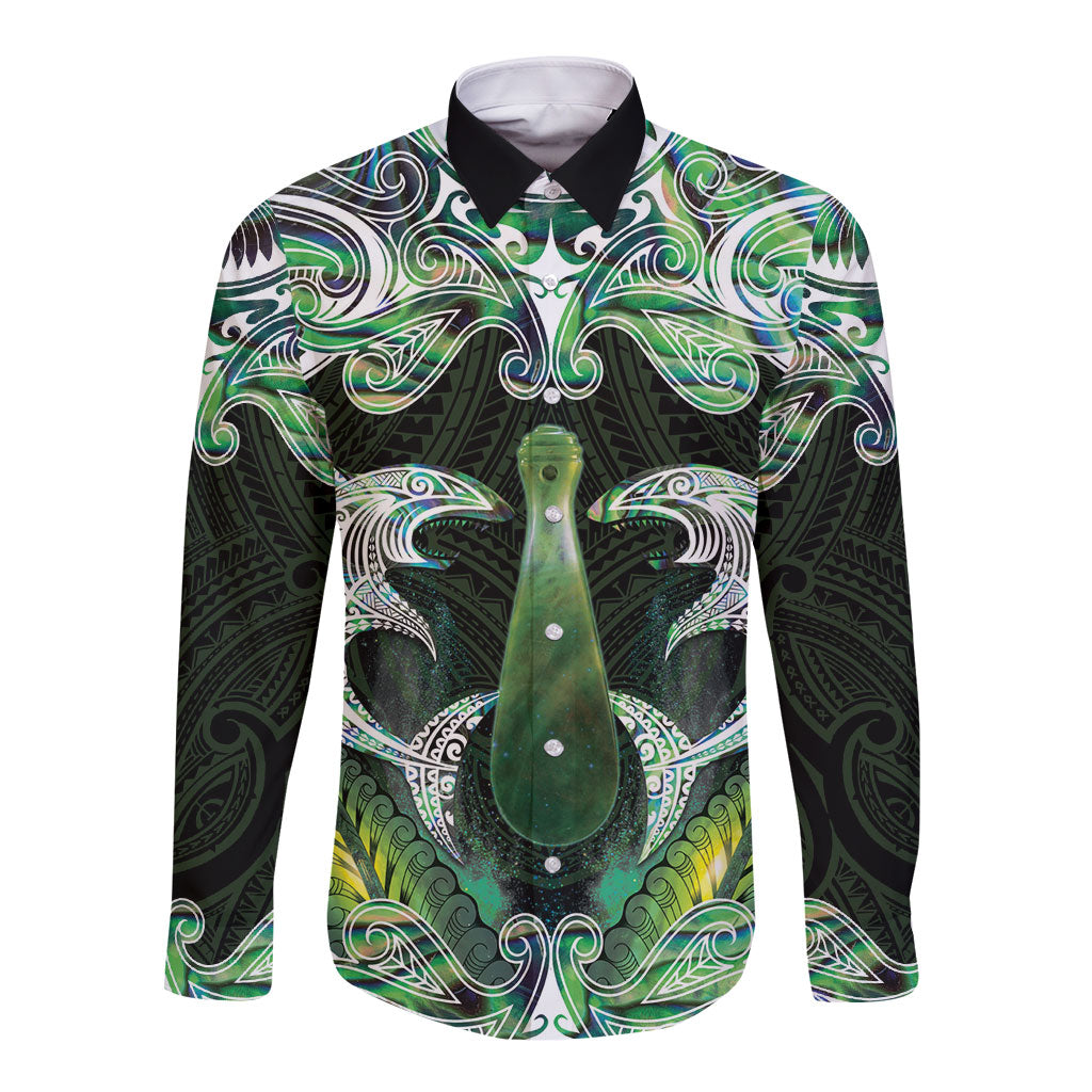 New Zealand Mere Pounamu Weapon Long Sleeve Button Shirt Aotearoa Mango Paua Shell Maori Pattern