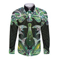 New Zealand Mere Pounamu Weapon Long Sleeve Button Shirt Aotearoa Mango Paua Shell Maori Pattern