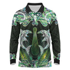 New Zealand Mere Pounamu Weapon Long Sleeve Polo Shirt Aotearoa Mango Paua Shell Maori Pattern