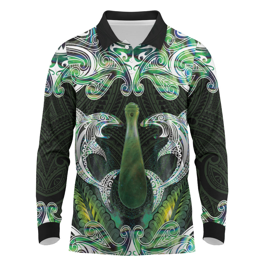 New Zealand Mere Pounamu Weapon Long Sleeve Polo Shirt Aotearoa Mango Paua Shell Maori Pattern
