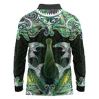 New Zealand Mere Pounamu Weapon Long Sleeve Polo Shirt Aotearoa Mango Paua Shell Maori Pattern