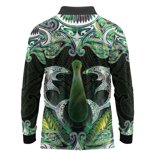 New Zealand Mere Pounamu Weapon Long Sleeve Polo Shirt Aotearoa Mango Paua Shell Maori Pattern