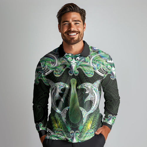 New Zealand Mere Pounamu Weapon Long Sleeve Polo Shirt Aotearoa Mango Paua Shell Maori Pattern