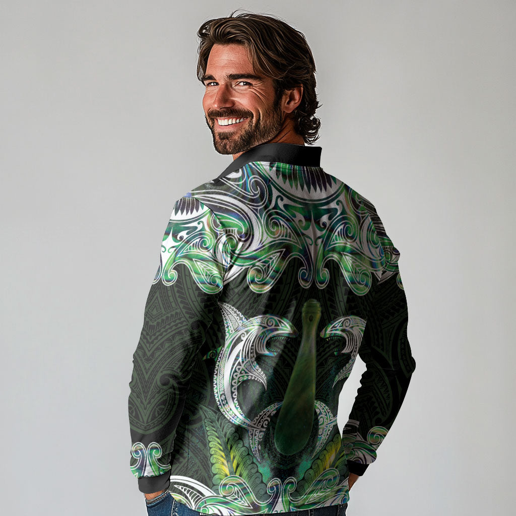 New Zealand Mere Pounamu Weapon Long Sleeve Polo Shirt Aotearoa Mango Paua Shell Maori Pattern