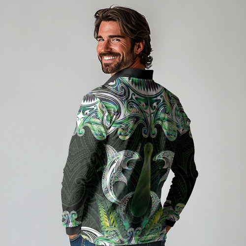 New Zealand Mere Pounamu Weapon Long Sleeve Polo Shirt Aotearoa Mango Paua Shell Maori Pattern
