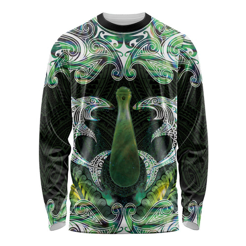 New Zealand Mere Pounamu Weapon Long Sleeve Shirt Aotearoa Mango Paua Shell Maori Pattern