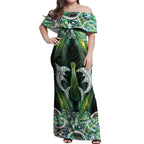 New Zealand Mere Pounamu Weapon Off Shoulder Maxi Dress Aotearoa Mango Paua Shell Maori Pattern