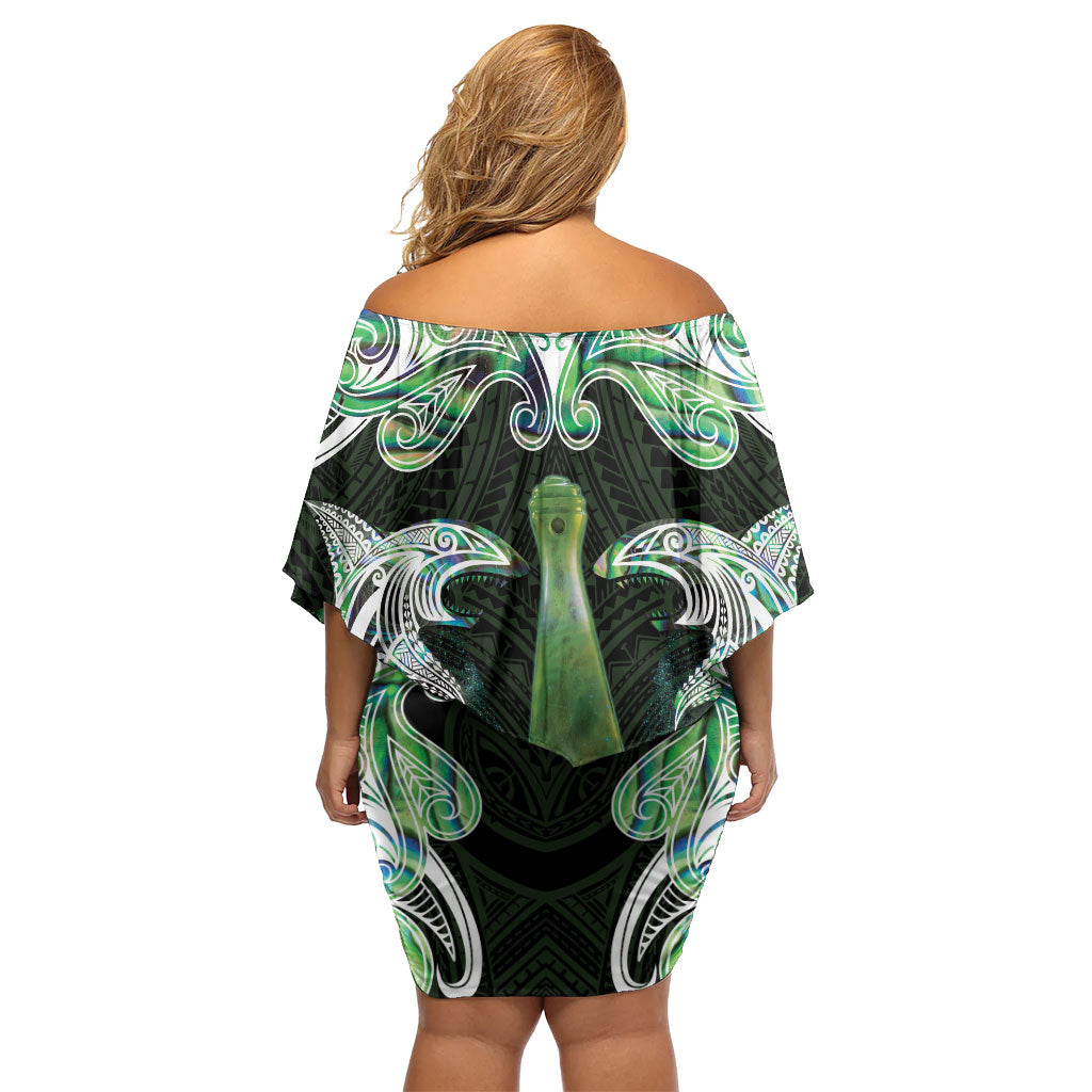 New Zealand Mere Pounamu Weapon Off Shoulder Short Dress Aotearoa Mango Paua Shell Maori Pattern