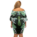 New Zealand Mere Pounamu Weapon Off Shoulder Short Dress Aotearoa Mango Paua Shell Maori Pattern