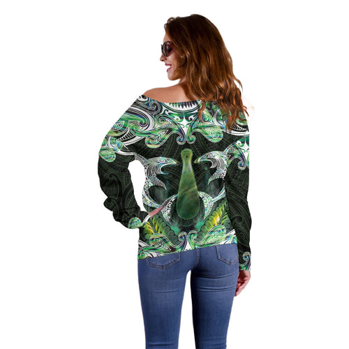 New Zealand Mere Pounamu Weapon Off Shoulder Sweater Aotearoa Mango Paua Shell Maori Pattern