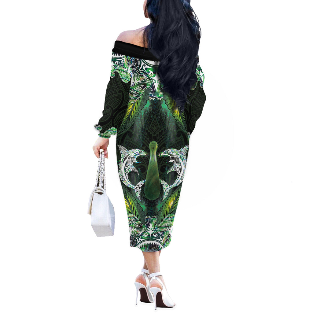 New Zealand Mere Pounamu Weapon Off The Shoulder Long Sleeve Dress Aotearoa Mango Paua Shell Maori Pattern