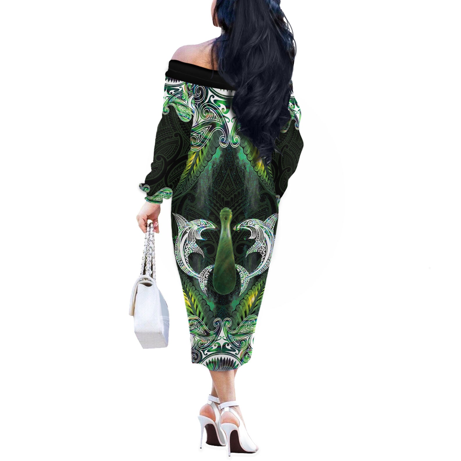 New Zealand Mere Pounamu Weapon Off The Shoulder Long Sleeve Dress Aotearoa Mango Paua Shell Maori Pattern