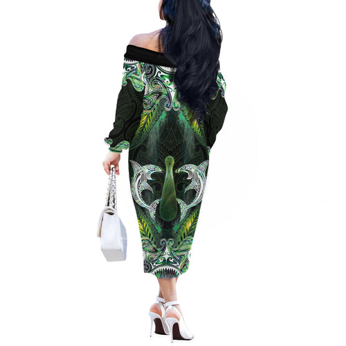 New Zealand Mere Pounamu Weapon Off The Shoulder Long Sleeve Dress Aotearoa Mango Paua Shell Maori Pattern