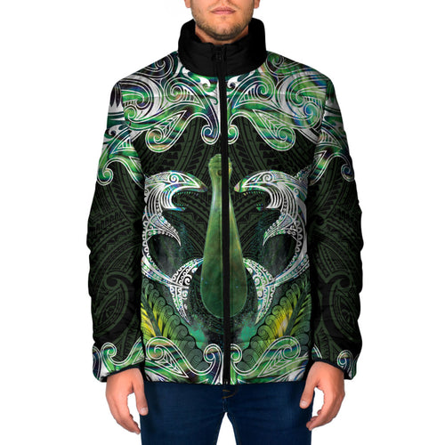 New Zealand Mere Pounamu Weapon Padded Jacket Aotearoa Mango Paua Shell Maori Pattern