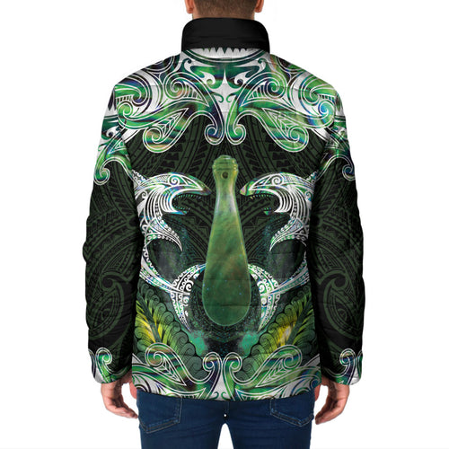New Zealand Mere Pounamu Weapon Padded Jacket Aotearoa Mango Paua Shell Maori Pattern