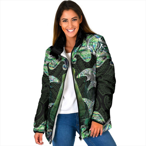 New Zealand Mere Pounamu Weapon Padded Jacket Aotearoa Mango Paua Shell Maori Pattern