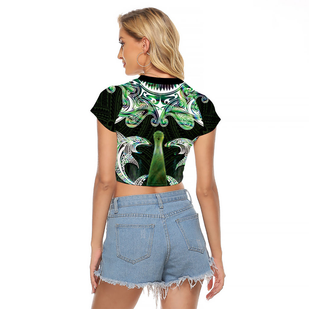 New Zealand Mere Pounamu Weapon Raglan Cropped T Shirt Aotearoa Mango Paua Shell Maori Pattern